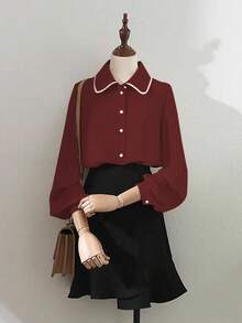 Franclia 优雅修身翻领褶裥前襟纽扣长袖卡其色女式衬衫，春秋季