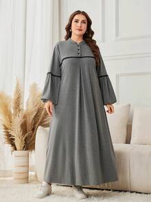 Lacomfia Đầm suông tay đèn lồng cổ đứng họa tiết hoa cỡ lớn màu xám, dáng rộng, thích hợp cho mùa xuân và mùa thu - Màu xám đen - Xem 6