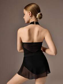 SHEIN Bộ đồ múa ba lê 2 mảnh + váy cho bé gái tuổi vị thành niên, bộ đồ múa ba lê hở lưng bằng lưới mềm mại, ôm sát, co giãn cao, xẻ chữ V sâu, có chân váy lưới bồng bềnh, co giãn thoải mái, thân thiện với da, thích hợp cho khiêu vũ mùa hè, yoga, thể dục dụng cụ - màu đen - Xem 2