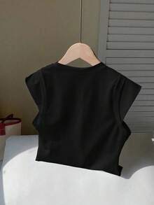 Franclia Fashionable Round Neck Rhinestone Inlaid Patchwork Sleeve Elastic White T-Shirt, Spring/Summer - Black - View 2