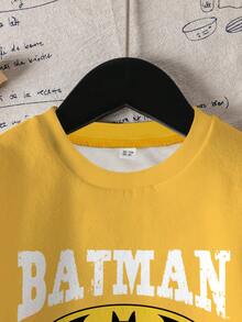 BATMAN X SHEIN Young Boy Casual Fashionable Street Sporty Bat & Letter Graphic Colorblock Striped Drop Shoulder Loose Thermal Lined Warm Sweatshirt, Autumn/Winter - White - View 3