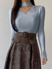 DAZY Jersey de manga larga ajustado con encaje calado y contraste, blanco, primavera/otoño - Azul - Ver 3