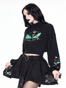 ROMWE Gothic Style Mushroom & Crescent Moon Embroidered Women Sweater - Black - View 4