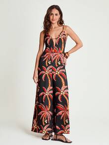 CAJUNI 女士休闲度假热带椰树印花无袖V领连体裤，黑红配色，适合约会穿着 - 黑色 - 查看 3