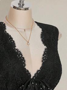 SHEIN ICON Plus Size Black Lace Polka Dot Sleeveless Babydoll Knit Top,Polka Dot Top,Cute Black Top