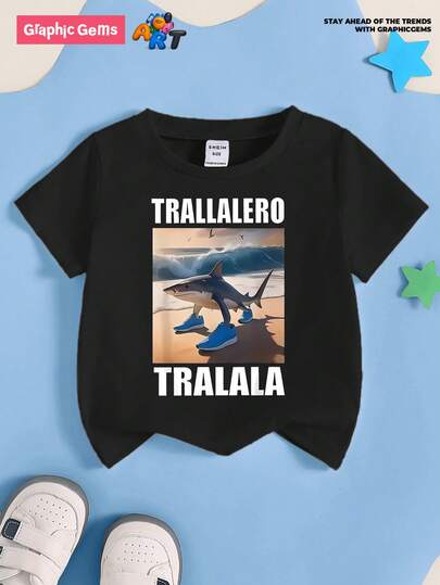 GraphicGems Tween Boys' Casual Cartoon Shark Print Round Neck Short Sleeve T-Shirt, Abstract Mountain & Ocean Design Graphic Tee, Comfortable Fit Sportswear For Summer Summer Holiday