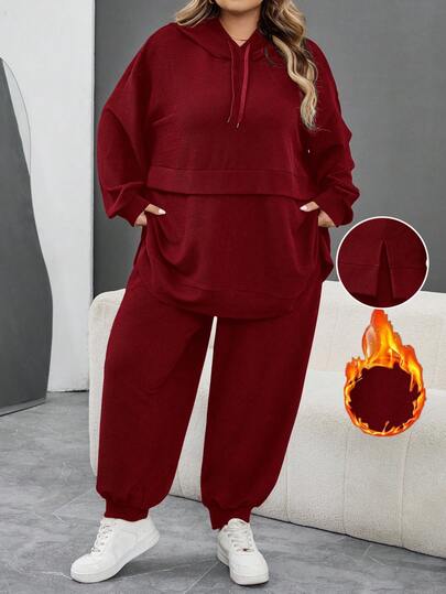 SHEIN CURVE+ Plus Size Black Hoodie And Jogger Pants 2 Pieces Set, Back To School, Casual Basics/Autumn /Winter