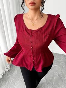 Elenzga Camicetta elegante e casual da donna taglie forti, in colore unito con bordo in pizzo, collo rotondo, maniche lunghe, vita stretta, linea ad A, chiusura con bottoni davanti, lunghezza corta, adatta per lavoro, vacanza, tè pomeridiano, festa di Natale, uscite, casual business, elegante - Bordò - Visualizzare 6