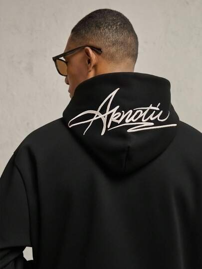 AKNOTIC Business Casual Men's Oversized Gray Knit Embroidered Letter Loose Drop Shoulder Long Sleeve Hoodie, Suitable For Everyday Wear, For Fall Winter