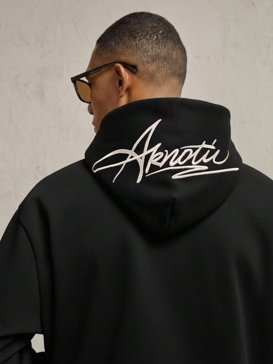 AKNOTIC Business Casual Áo hoodie dài tay dáng rộng, thêu chữ màu xám cỡ lớn cho nam, thích hợp mặc hàng ngày, cho mùa thu đông - màu đen - Xem 1