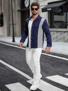 Manfinity Homme Men's Contrast Color Single-Breasted Long Sleeve Knitted Button Up Shirt,Navy And White,Autumn,Casual,City Break Open Knit Layered Dress Shirt - Multicolor - View 8