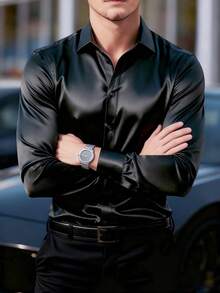 Manfinity Mode 男士纹理设计休闲商务长袖衬衫，丝绸缎面男士衬衫，奢华衬衫，黑色正装衬衫，适合老钱人士、日常休闲、周末旅行、户外活动、探险旅行、轻松的工作环境或半正式场合，也是送给男友/丈夫、周年纪念日或圣诞节的理想礼物。 - 黑色 - 查看 3