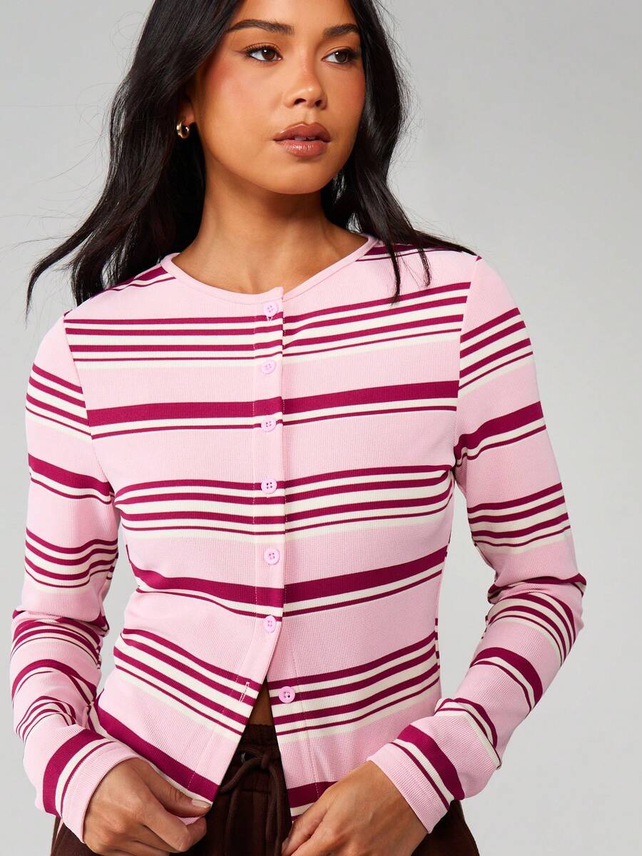 MISSGUIDED Striped Ribbed Cardigan With Button Front Closure Long Sleeve Crew Neck