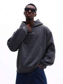 SUMWON Pullover Hoodie dengan Tali Serut, Logo Bordir Tulisan, Pakaian Kasual Streetwear Nyaman untuk Musim Gugur dan Musim Dingin, Lapisan Bulu Domba untuk Pria, Polos - Grey - View 5