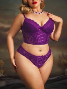 Conjunto de sujetador con aros y encaje en unicolor para tallas grandes - Morado - Ver 4