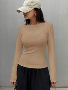 FRIFUL 女式纯色圆领长袖修身休闲T恤 - 卡其色 - 查看 5
