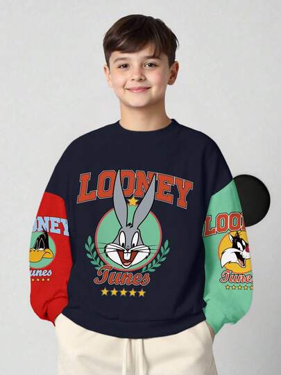 LOONEY TUNES X SHEIN 青少年男孩休闲拼色字母和兔子印花圆领运动衫，秋季