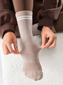 GLOWMODE 3 Pairs Cotton Vintage Striped Socks Soft Ventilated Mesh With Jacquard Logo Workout Daily Casual  Spring Summer - White + khaki + dark brown - View 6