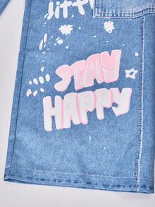 SHEIN ChillGRL Streecool 儿童休闲青少年女孩宽松街头风格牛仔印花裤、短款吊带背心、长袖连帽网眼衬衫三件套服装，时尚