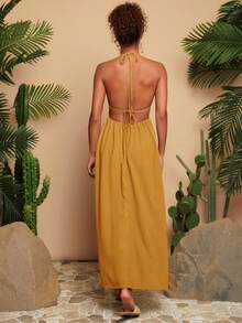 Travachic Váy không tay cổ chữ V màu trơn dành cho nữ - Màu vàng - Xem 2