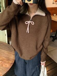 DAZY 女士撞色韩版休闲长袖毛衣，秋冬款 - 咖啡棕 - 查看 5