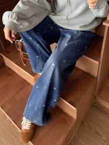 Dazy Plus 心形印花花卉宽松直筒做旧水洗长款牛仔裤，四季皆宜 - 深色水洗藍 - 查看 3