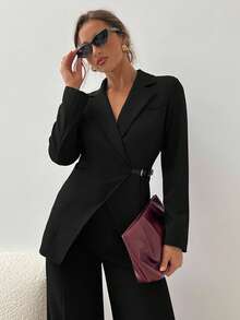 Aloruh Women's Elegant Commuter Brown Lapel Blazer - Black - View 2