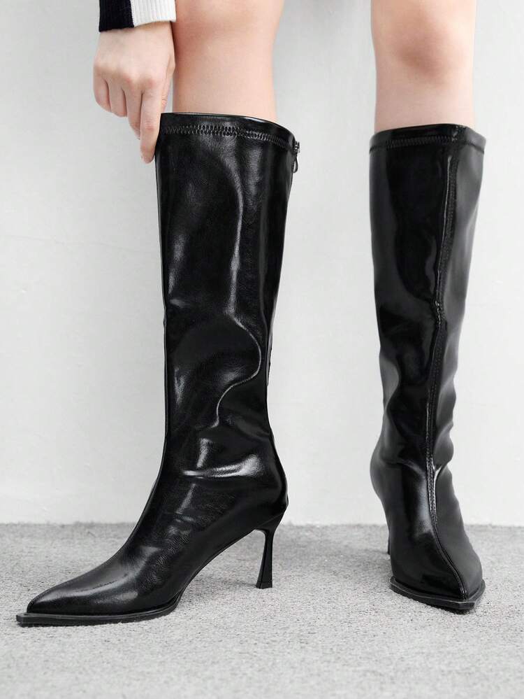 CUCCOO BIZCHIC ​​Glossy Pointed Heel Boots | Sleek Silhouette Design | Mid-Heel Comfort | Minimalist Women's Boots | 2 Pairs, Premium Faux Leather​​