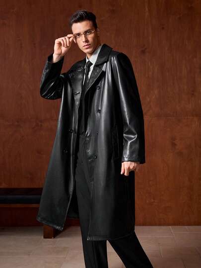 Officeau Mid-Long Leather Jacket Luxury Trench Coat Men Long Oversized Trench Coat Spring Autumn Cape Loose Outerwear, Autumn/Winter, Old Money Spring To Summer