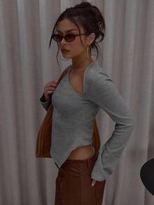 MUSERA Asymmetric Hem Cut Out Long Sleeve Knit Top Cute Classy Casual Streetwear Sexy Going Out Fall Autumn Toffee Evening Party Elegant Winter New Year - Grey - View 4