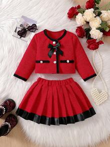 SHEIN Elladie kids Ensemble élégant 2 pièces pour bébé fille : jupe plissée et veste, convient pour les fêtes et les événements officiels, tenue de Noël rouge et noire pour bébé fille, première Noël, ensemble deux pièces d'hiver pour bébé fille, jupe set - Rouge - Voir 6