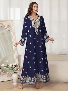 Al Najma 女式花卉数码印花 V 领长袖优雅阿拉伯风格长裙，春秋款 - 彩色 - 查看 3