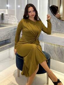 NegzBox Women's Modern Round Neck Ruched Button Decor Waist Fitted Bodycon Side Slit Long Sleeve Dress Roupa Para A Universidade Fall Cloth For Women