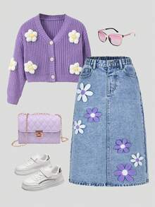 SHEIN Explorewe Jeansy dla nastolatek, casualowe i urocze, z trójwymiarowym haftem kwiatowym, prosty krój, wygodny bawełniany denim, odpowiednie do noszenia na co dzień, do szkoły i dojazdów do pracy, na każdą porę roku, dla dziewczynek z lat 90., w stylu lat 90. - Średni jeans - Zobacz 1