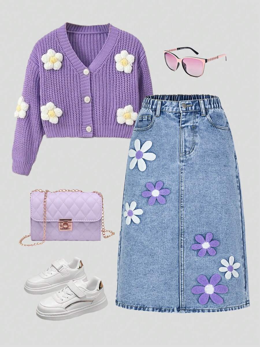 SHEIN Explorewe Jeansy dla nastolatek, casualowe i urocze, z trójwymiarowym haftem kwiatowym, prosty krój, wygodny bawełniany denim, odpowiednie do noszenia na co dzień, do szkoły i dojazdów do pracy, na każdą porę roku, dla dziewczynek z lat 90., w stylu lat 90. - Średni jeans - Zobacz 1