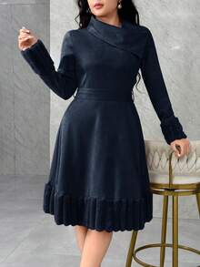 Modelyn Ribbed Plush Patchwork Suede Collar Belt Midi Dress For Women, Autumn/Winter,Dresses For Women Elegant - Navy Blue - View 2