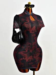 Mistrie Dragon Print Mesh Bodycon Mini Dress For Women,Red And Black,Summer,Seductive,Club Night Elegant Party Dresses,New Year's Eve Outfit,Black Skirt - Red - View 7
