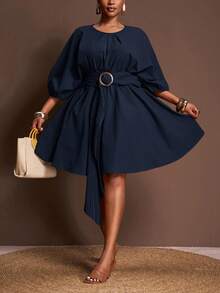 Veslaya 春夏初秋新款优雅通勤精致优雅派对约会毕业生日派对纯色棕色宽松灯笼袖抽绳腰褶皱豹纹纽扣A字加大码迷你连衣裙 - 藏蓝色 - 查看 6