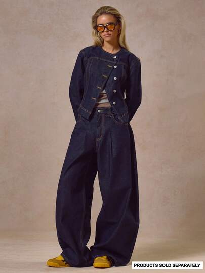 MUSERA Baggy Fit Pleated Front Denim Jeans Only Autumn Winter Cool Streetwear Going Out Casual Everyday New Retro