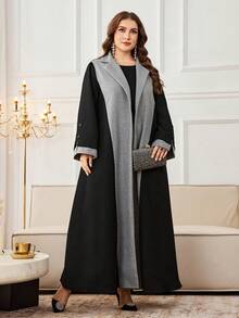 Al Najma Plus Size Casual Dragon & Phoenix Patchwork Lapel Collar Long Sleeve Loose Abaya, Suitable For Spring And Autumn