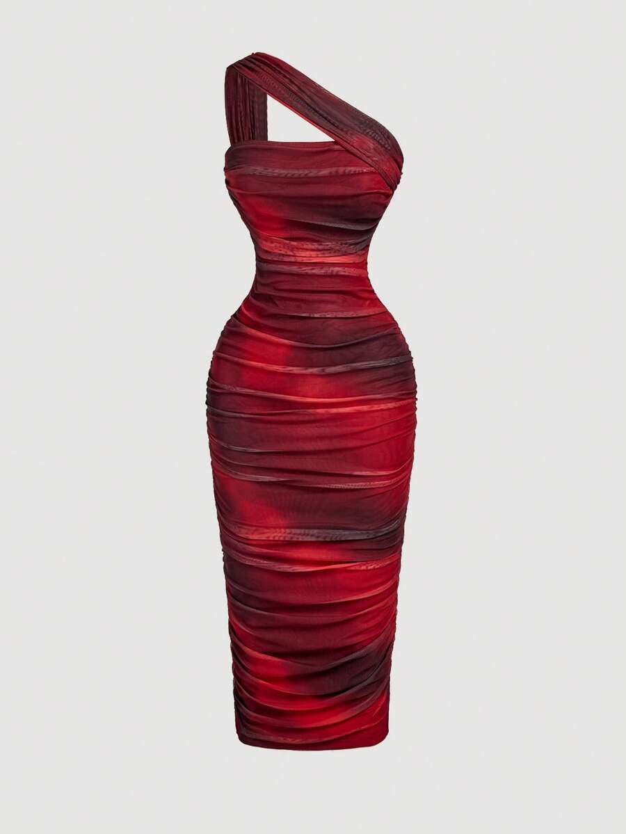 SHEIN MOD 女式复古不对称褶饰无袖连衣裙 - 酒紅色 - 查看 1