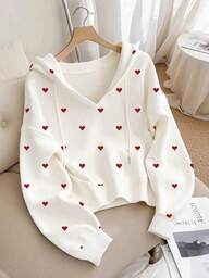 Resyla Women's Outdoor Hooded Sweatshirt, Autumn/Winter, Back To School, Teacher's Day, Outdoor, Heart Pattern Design Print, Long Sleeve Hoodie, Street Photography, Holiday & Casual Wear, Must-Have, Eye-Catching, White, Women's Regular Fit Hooded Long Sleeve Pullover