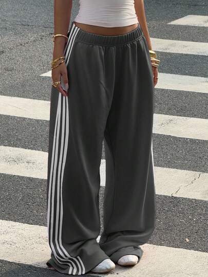 Muchica Dark Grey Knit Casual Wide Leg Pants, Sporty Women Sweatpants Streetwear Pants Loose Pants Palazzo Pants Women,Fall,Fall Clothes For Women,Winter Clothes For Women
