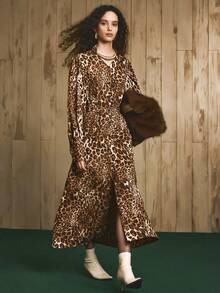 Revavyn 女式雪纺长袖V领豹纹休闲通勤连衣裙，春秋季 - 彩色 - 查看 2