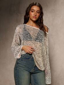 Aloruh 杏色亮片薄纱长袖派对上衣，秋季 - 杏色 - 查看 1