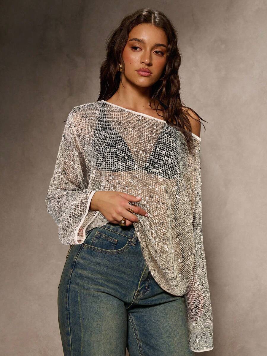 Aloruh 杏色亮片薄纱长袖派对上衣，秋季 - 杏色 - 查看 1