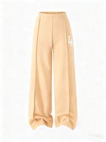 Girls Casual Knit Solid Color Front Graphic Letter Print Drop Shoulder Drawstring Hoodie Top & Pants 2 Piece Set - Khaki - View 4