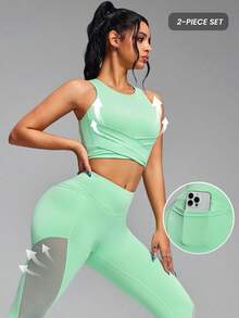 Innovista 女士必备绿色运动套装 – 无袖系带露脐运动上衣 + 提臀紧身裤，带手机/卡袋和透气网眼拼接 | 两件套弹力运动休闲服，适合瑜伽、普拉提、骑行、高强度间歇训练、跑步、海滩锻炼以及日常通勤 | 简约时尚运动套装 - 綠色 - 查看 3