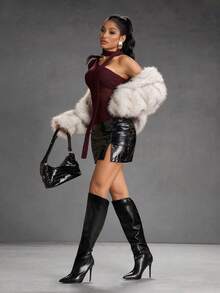 CUCCOO SZL Women's Pointed Toe Ruched Design Fashion High Heel Knee-High Boots - Black - View 4