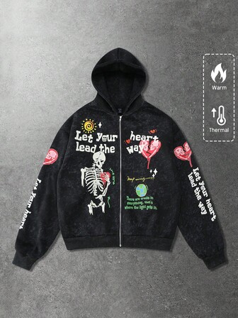 sweat-shirt à capuche zippé décontracté à manches longues avec imprimé slogan et crâne pour hommes
